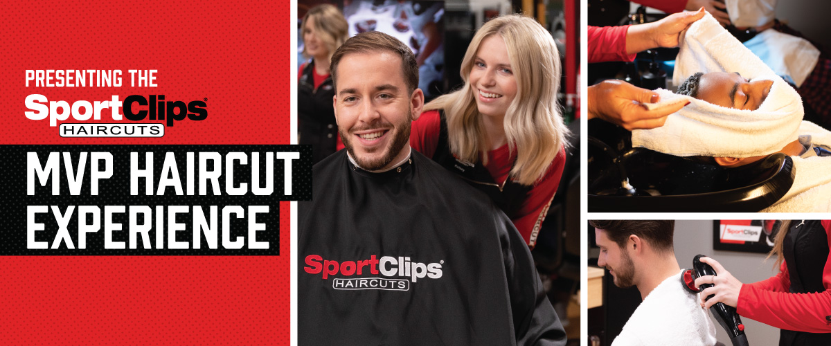 The Sport Clips MVP Haircut Experience with Stylist giving a Client a Haircut, Client getting a Hot Towel placed on his face, Stylist giving a Client a Massaging Shampoo, and Stylist hand using a massager on a Clients upper back